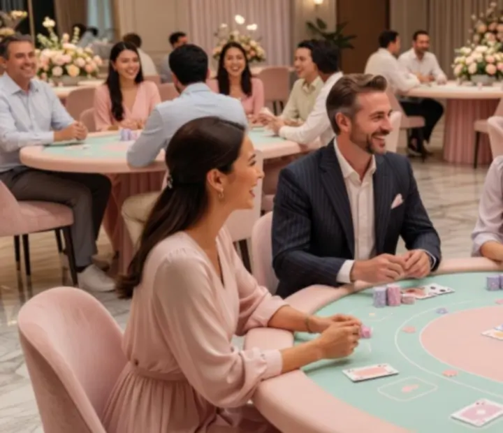 Goście na tle dekoracji inspirowanych stylem casino podczas eleganckiego eventu
